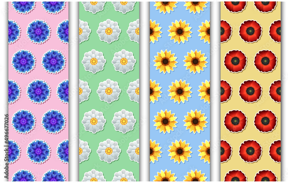 Collection of 4 cartoon seamless patterns with sunflowers, poppies, chamomiles, cornflowers in clip art style. Vector background, wallpaper with different spring and summer flowers
