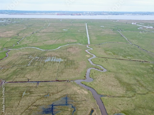 Aerial drone. Cliffe pools and Cooling Marshes looking towards the river Thames and Thamesport photo