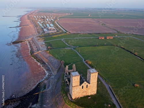 Aerial drone view of Reculver Towers and Park, near Herne Bay in Kent, England photo