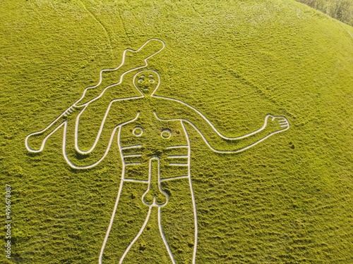 Aerial drone. Cerne Abbas Giant, Dorset. Hill figure carved out of chalk. 55 meters high. Depicts a standing nude male with prominent manhood. photo