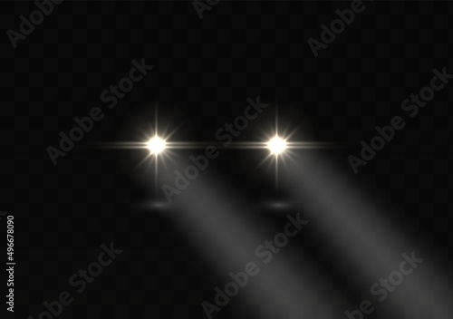 Car headlights. Auto glowing rays. Vector realistic effect.