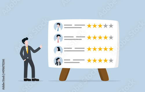 Employee assessment, performance review, or evaluation concept. Boss point to star rating board of each employee performance.
