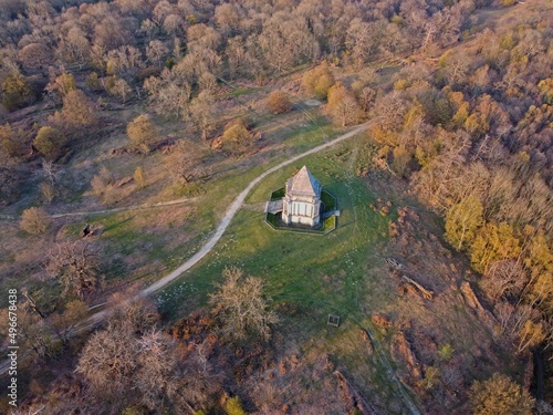 Aerial drone. Cobham wood and Mausoleum, Kent, England.