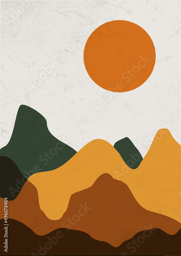 Abstract textured landscape poster. Modern boho background set with sun mountains