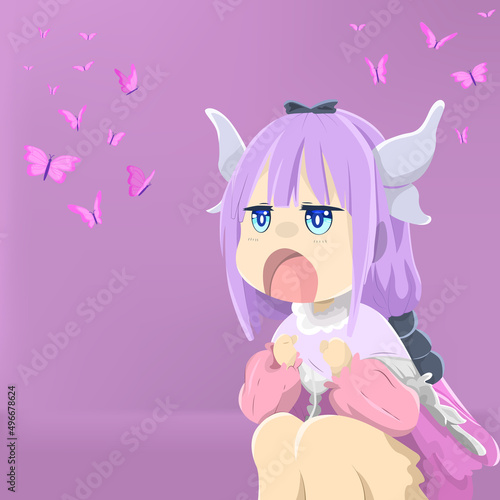 purple haired cute little female anime character. purple background decorated with flying butterflies.