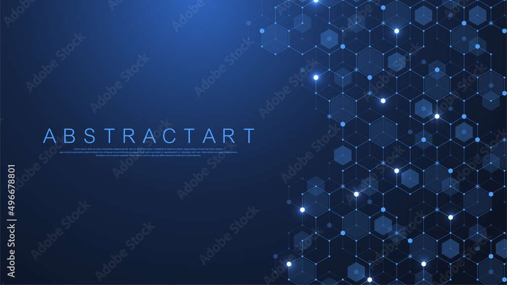 Technology abstract lines and dots connect background with hexagons. Hexagons connection digital data and big data concept. Hex digital data visualization. Vector illustration - obrazy, fototapety, plakaty 