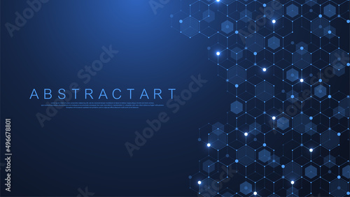 Technology abstract lines and dots connect background with hexagons. Hexagons connection digital data and big data concept. Hex digital data visualization. Vector illustration