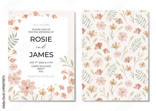 Botanical wedding invitation card template design, pink, orange wildflowers and green leaves with frame on light beige background, pastel vintage theme