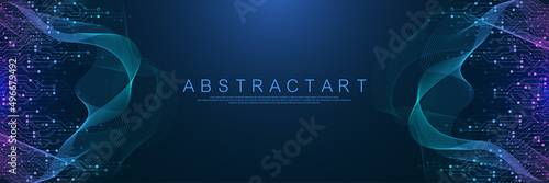 Quantum computer technologies concept. Futuristic blue circuit board background vector. Modern technology circuit board texture background design. Waves flow. Quantum explosion technology.