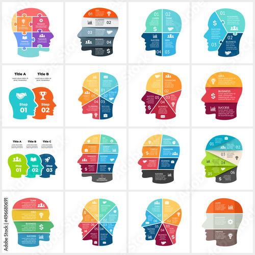 Human head puzzle infographic. Generating new ideas. Educational concept. Vector slide template. Creative thinking illustration. Artificial intelligence.