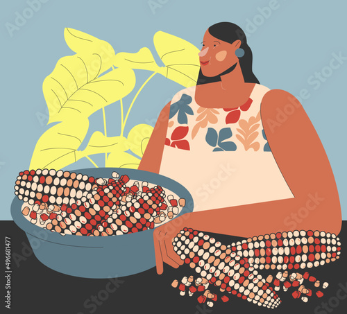 Beautiful vector isolated illustration with woman or girl character. Traditional Mexican kitchen, corn photo