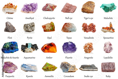 Macro mineral stone Fluorite, Amethyst, Pyrite, Malachite, Bull eye, Tiger's eye, Flint, Chalcopyrite, Opal, Topaz, Vanadinite, Spessartine, Malachite & Azurite photo