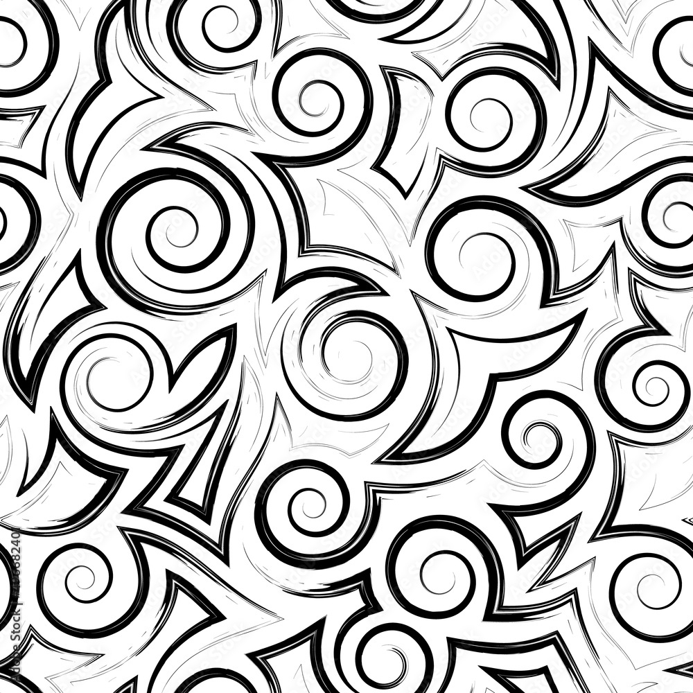 Fototapeta premium Seamless vector geometric pattern of black spirals of angles and lines isolated on a white background.Seamless vector monochrome pattern of smooth lines and abstract shapes.