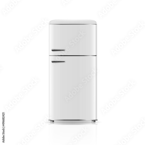 Vector 3d Realistic White Retro Vintage Fridge Icon Isolated on White. Vertical Refrigerator. Closed Fridge. Design Template, Mockup of Fridge. Front View