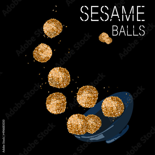 Traditional asian dessert, sesame ball flying from bowl on black background vector illustration.Golden fried balls cartoon realistic drawing.Food illustration