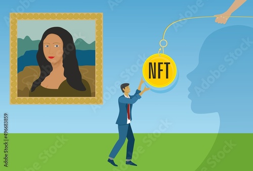 NFT, non fungible token. Picture looking almost like Mona-Lisa, profile and hook with NFT. Vector illustration.