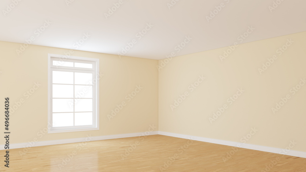 Obraz premium Empty Interior Corner with Light Beige Walls, Large Window, Light Glossy Parquet Floor and a White Plinth. Perspective View. 3D rendering with a Work Path on Window. 8K Ultra HD, 7680x4320, 300 dpi
