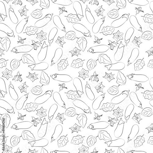 Vector pattern drawn strokes is seamless with set of eggplants in different positions, sliced, whole, eggplant leaves. Farm.