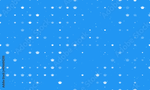 Seamless background pattern of evenly spaced white pot symbols of different sizes and opacity. Vector illustration on blue background with stars