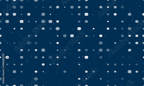 Seamless background pattern of evenly spaced white hockey pucks of different sizes and opacity. Vector illustration on dark blue background with stars