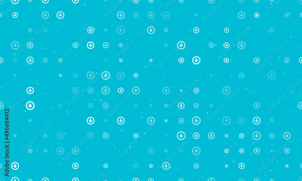 Seamless background pattern of evenly spaced white download symbols of different sizes and opacity. Vector illustration on cyan background with stars