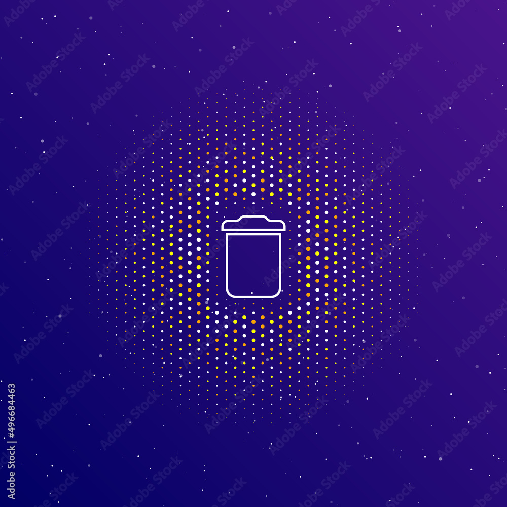 A large white contour trash symbol in the center, surrounded by small dots. Dots of different colors in the shape of a ball. Vector illustration on dark blue gradient background with stars A large white contour trash symbol in the center, surrounded by small dots. Dots of different colors in the shape of a ball. Vector illustration on dark blue gradient background with stars