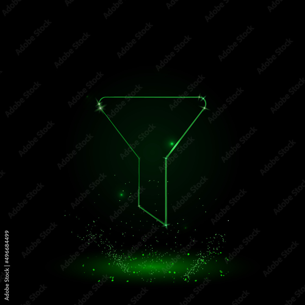 A large green outline funnel symbol on the center. Green Neon style. Neon color with shiny stars. Vector illustration on black background