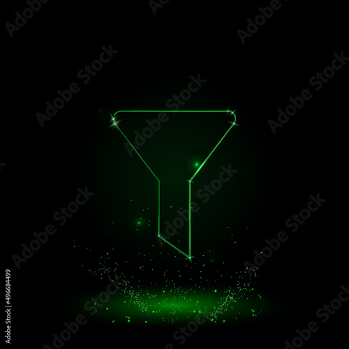 A large green outline funnel symbol on the center. Green Neon style. Neon color with shiny stars. Vector illustration on black background