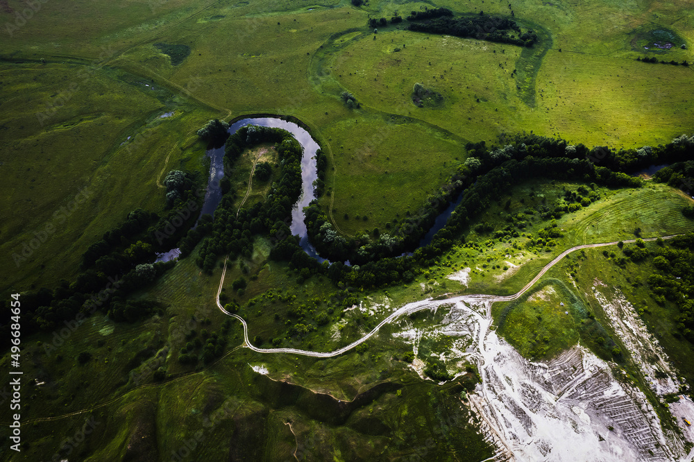 View from a height of a chalk quarry, in Ukraine.