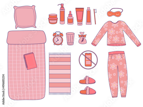 All for good sleep. Preparing for bedtime set. Pajamas, bedding, creams and other things for sleeping. Women's nightwear.