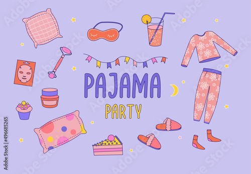 Pajama party for girls set. Sleepover invitation. Cute nightwear, food, sleeping mask, slippers, pillows and other funny elements.  