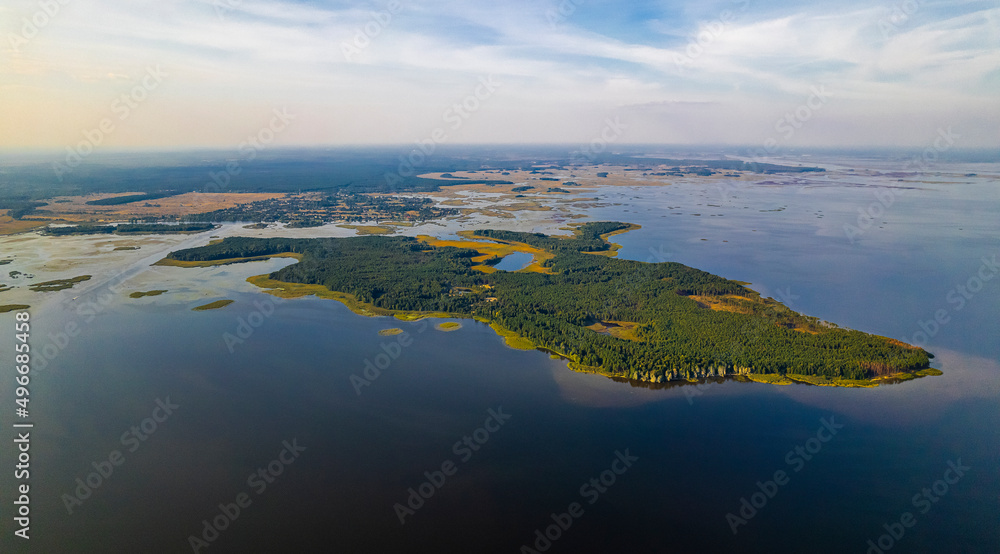 island in the Kiev Sea, berth for yachts, rest desks