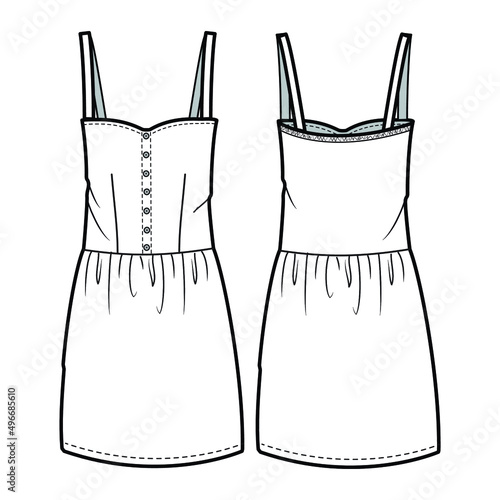 Strap Short Dress with Sweetheart Neck, Strappy Denim MidI Dress Front and Back View fashion illustration vector, CAD, technical drawing, flat drawing.	