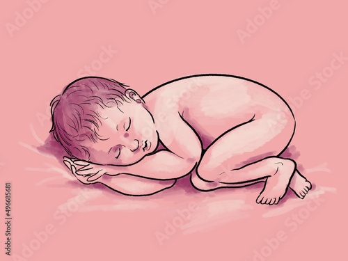 Illustrated beautiful newborn baby sleeping in fetal position, peaceful, still photo