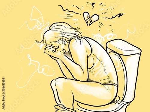 An illustration of a young woman sitting on toilet and crying, sad, lonely and heartbroken after miscarriage