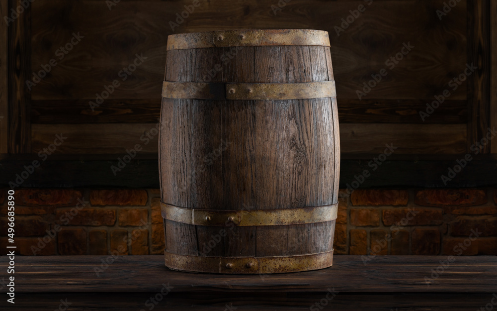 Rustic barrels for beverage in a dark wine cellar. Wooden empty surfaces for copy space, mockup, template for design of beer, wine, alcohol products, Vintage retro style background Rustic barrels for beverage in a dark wine cellar. Wooden empty surfaces for copy space, mockup, template for design of beer, wine, alcohol products, Vintage retro style background