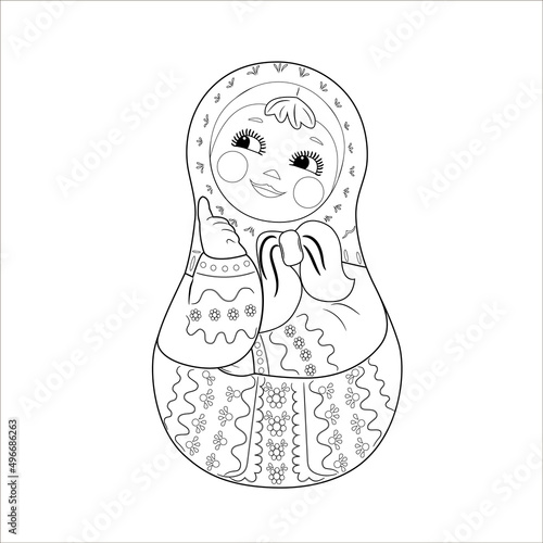 Cute matryoshka. Russian doll. Vector illustration in doodle style. Coloring book for child.