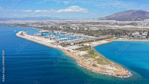 Aerial drone photo of famous Marina of Agios Kosmas and former Athens international airport of Elliniko in Athens riviera area, Glifada, Attica, Greece