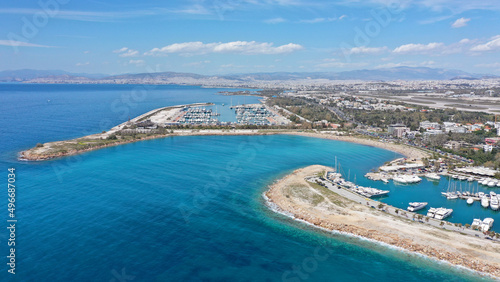 Aerial drone photo of famous Marina of Agios Kosmas and former Athens international airport of Elliniko in Athens riviera area  Glifada  Attica  Greece