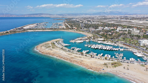 Aerial drone photo of famous Marina of Agios Kosmas and former Athens international airport of Elliniko in Athens riviera area, Glifada, Attica, Greece