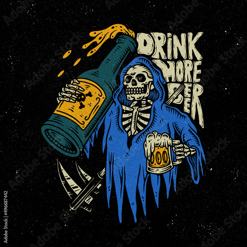 Grim reaper drink more beer illustration.