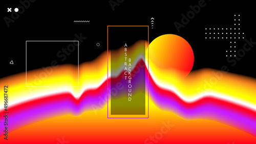 Vector illustration. Abstract surreal liquid panoramic wallpaper. Colorful background. Liquid color flow. Concept of landscape mountain with sunset. Memphis patter. Geometric shape. Website design