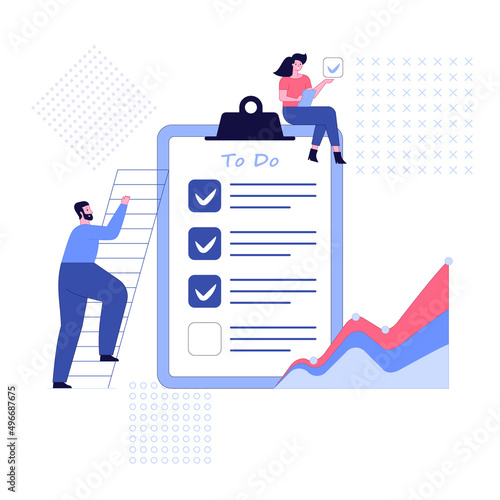 People feel in check boxes in to do list. Project task management IT concept. Software development process and project management activities. Vector illustration on white background