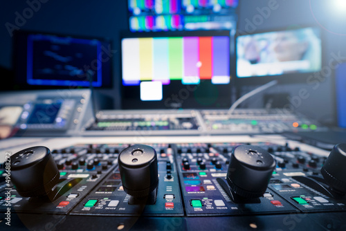 Camera control in production control. TV dish. Professional camera calibration buttons and controls. Foreground. Audiovisual studio