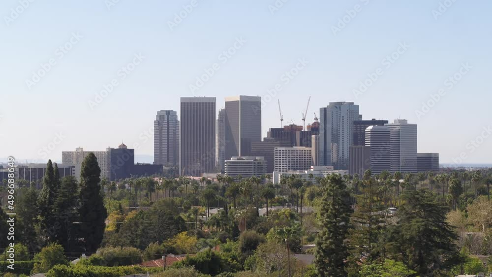 Beverly hills downtown aerial with trees in foreground Beverly hills downtown aerial with trees in foreground