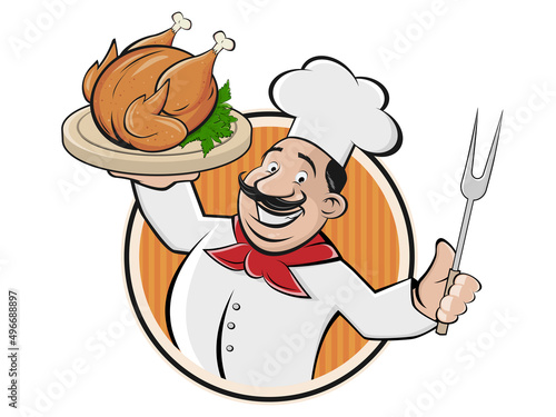 funny cartoon chef serving tasty roast chicken