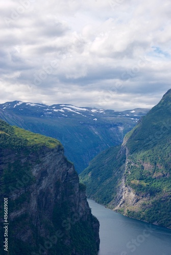 View from Ørnevegen.over mountains and Geirangerfjorden in Møre og Romsdal fylke in Norway. 