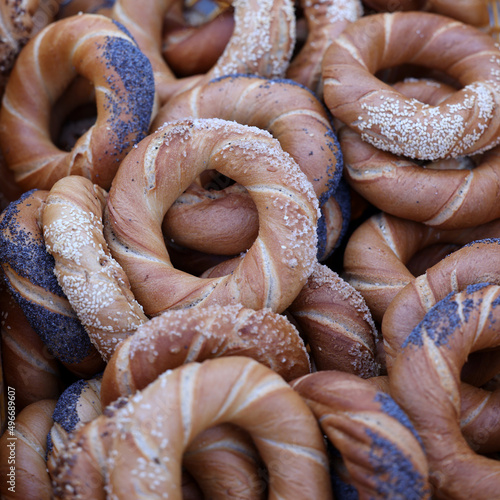 Traditional Cracovian  prezels with salt,  poppy and sesame seeds photo