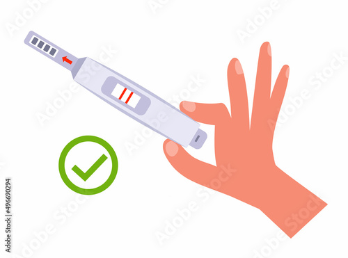 a woman holds a positive test for pregnancy in her hand. flat vector illustration.