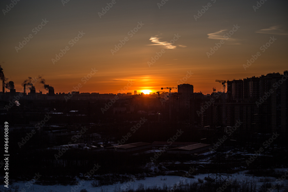 red sunset over high-rise buildings, panoramic view red sunset over high-rise buildings, panoramic view